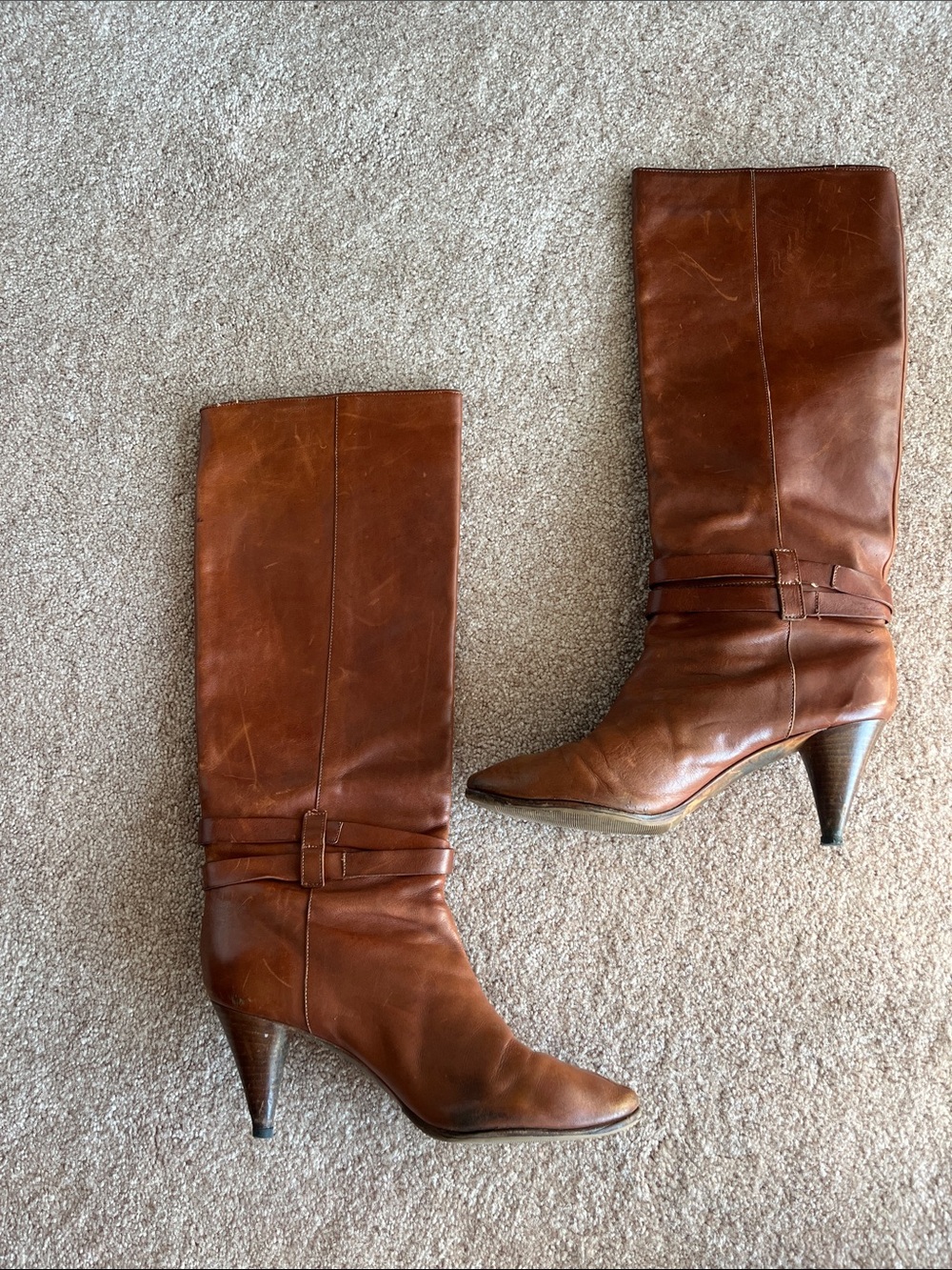 Loeffler Randall Tan Leather Mid-Calf Heeled Boots with Buckle - Picture 2 of 13